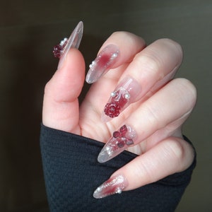Burgundy Camellia Press On Nails, Romantic Nail Art in Fake Nails, Adorable, Chic & Easy Nails, Red Ombre Nail Set, Y2K Butterfly Nail Art image 1