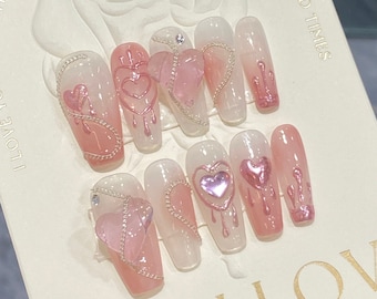 Pink Heart Theme 3D Gel Press On Nails, Handmade Custom Fairy Core Nails, Kawaii Nails for Event Birthday, Custom Long Stiletto Y2K Nails
