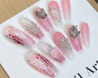 Luxury Butterfly pink press on nails long, Bling Glam Aura Pink Nail, birthday nails, Valentine Nail, Gift for her, y2k nails, gyaru nails