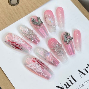 Luxury Butterfly pink press on nails long, Bling Glam Aura Pink Nail, birthday nails, Valentine Nail, Gift for her, y2k nails, gyaru nails