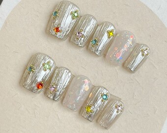 Free Style Golden chrome Nails, Handpainted Gothic Fake Nails, Y2K Emo Chrome Nails, custom press on nails, Elegant hand made Press on Nails