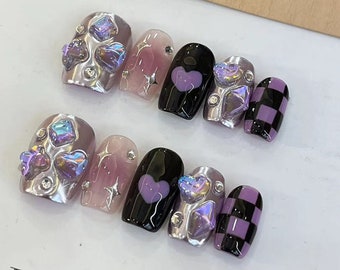 Y2K silver and purple press on nails short nails, heart hand painted y2k nails, gyaru nails, cute nails, kawaii nails, birthday nails