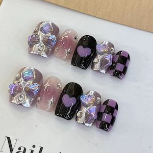 Y2K silberne und lila Presse auf Nägel kurze Nägel, Herz handbemalte y2k Nägel, Gyaru Nägel, süße Nägel, Kawaii Nägel, Geburtstagsnägel
