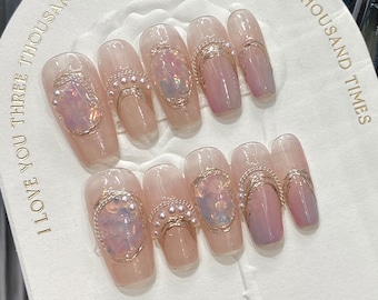 Uñas francesas con purpurina rosa, uñas doradas y cromadas estilo Y2K, diseño de joyas de perlas, ideal para eventos, cumpleaños, graduaciones y festividades, regalo.