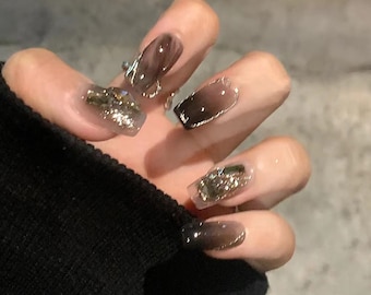 Dark Mousse Black Gold shiny 90s Punk style matellic chrome-drip cool press on nail set y2k Long Stiletto Medium Coffin elegant fake nails