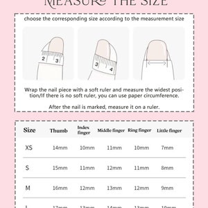 May include: A chart showing different finger sizes in millimetres for nail art. The sizes are XS, S, M, and L. The chart shows the measurements for the thumb, index finger, middle finger, ring finger, and little finger.