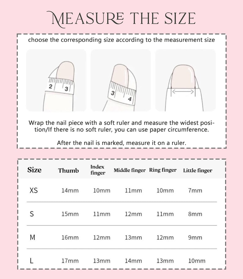 May include: A chart showing different finger sizes in millimetres for nail art. The sizes are XS, S, M, and L. The chart shows the measurements for the thumb, index finger, middle finger, ring finger, and little finger.
