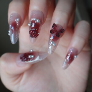 Burgundy Camellia Press On Nails, Romantic Nail Art in Fake Nails, Adorable, Chic & Easy Nails, Red Ombre Nail Set, Y2K Butterfly Nail Art image 5