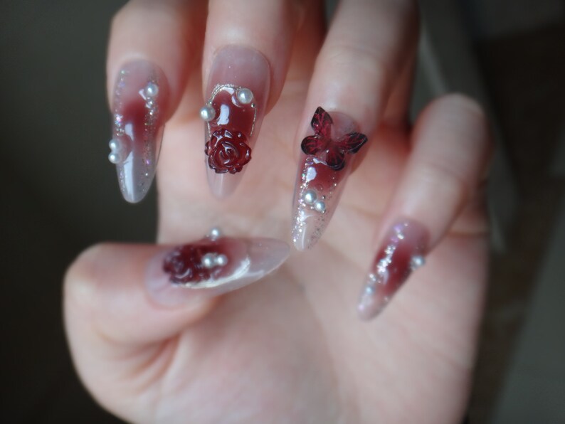 Burgundy Camellia Press On Nails, Romantic Nail Art in Fake Nails, Adorable, Chic & Easy Nails, Red Ombre Nail Set, Y2K Butterfly Nail Art image 5