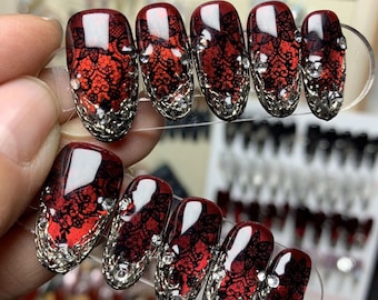 Gothic Red Lace Rhinestone Press On Nails, Elegant Long Coffin Fake Nails for Special Occasions，Halloween armor