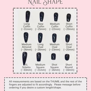 May include: A chart showing different nail shapes and their corresponding lengths in millimetres. The shapes include long coffin, new coffin, medium coffin, short coffin, medium almond, long oval, medium oval, short oval, XL stiletto, medium square, shot square, and short round.