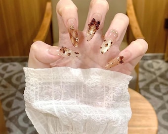 Golden Brown Press On Nails – Handmade Glitter Almond Nails with 3D Floral Design | Elegant Autumn Nail Set