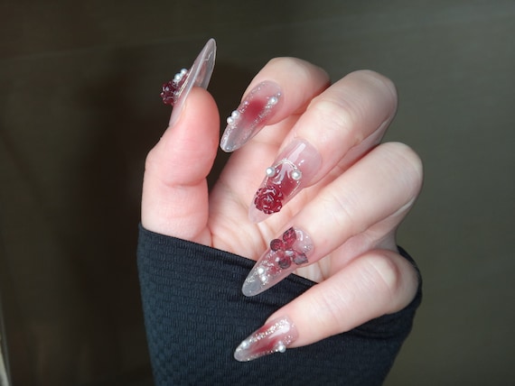 Burgundy Camellia Press On Nails, Romantic Nail Art in Fake Nails, Adorable, Chic & Easy Nails, Red Ombre Nail Set, Y2K Butterfly Nail Art