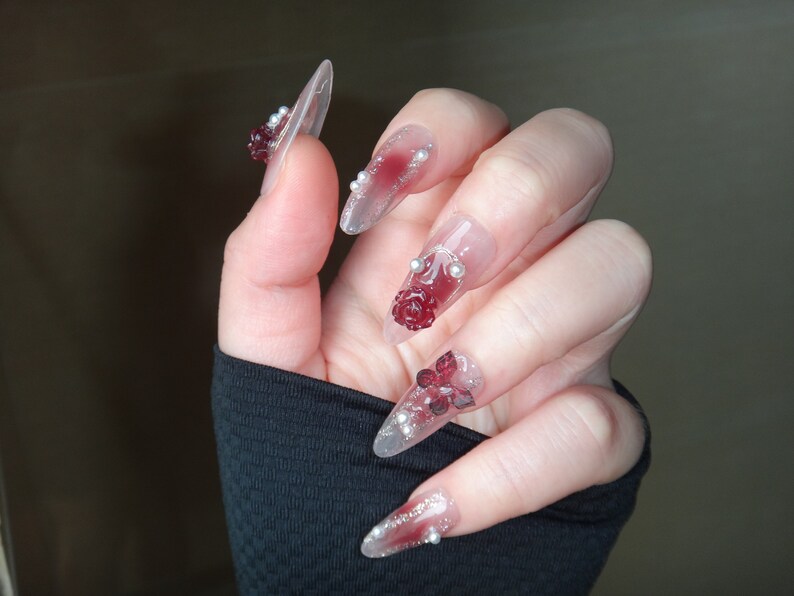 Burgundy Camellia Press On Nails, Romantic Nail Art in Fake Nails, Adorable, Chic & Easy Nails, Red Ombre Nail Set, Y2K Butterfly Nail Art image 1