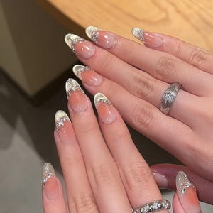 Luxury Silver Glitter French Press On Nails | Rhinestone Almond Fake Nails | Elegant Reusable Manicure for Parties & Weddings