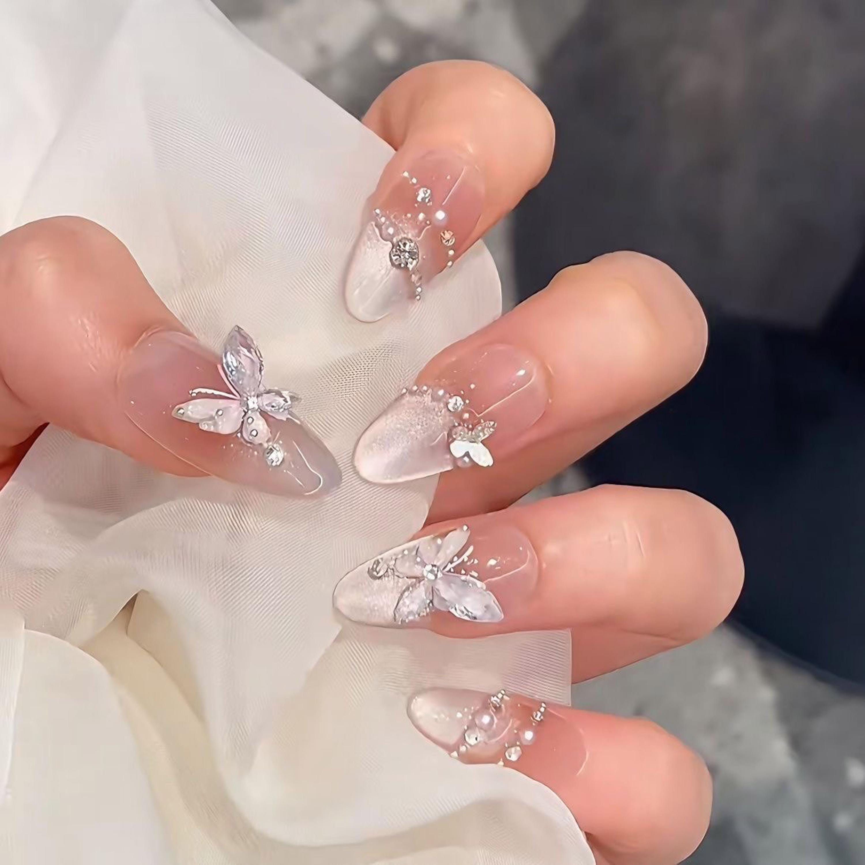 Elegant 3D Butterfly Press On Nails – Pearl White Glitter Bridal Nails, Luxury Long Fake Nails Set
