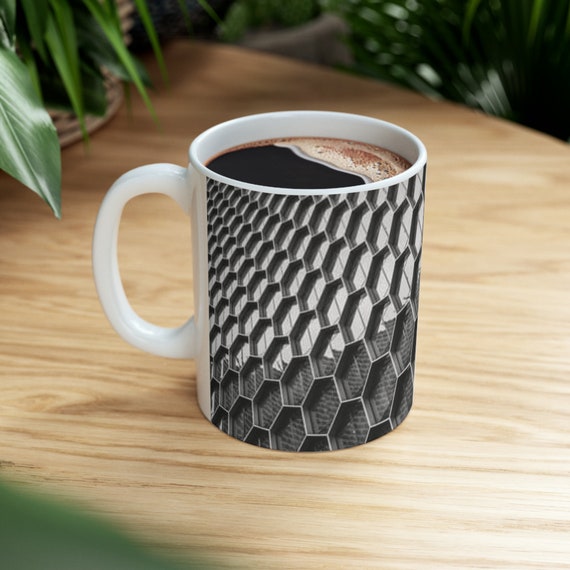 The Honeycomb Architectural Mug, Design Mug, Building Design Mug, Honeycomb Pattern, Drinkware, Office Gift, Pattern Mug,Black and White Mug