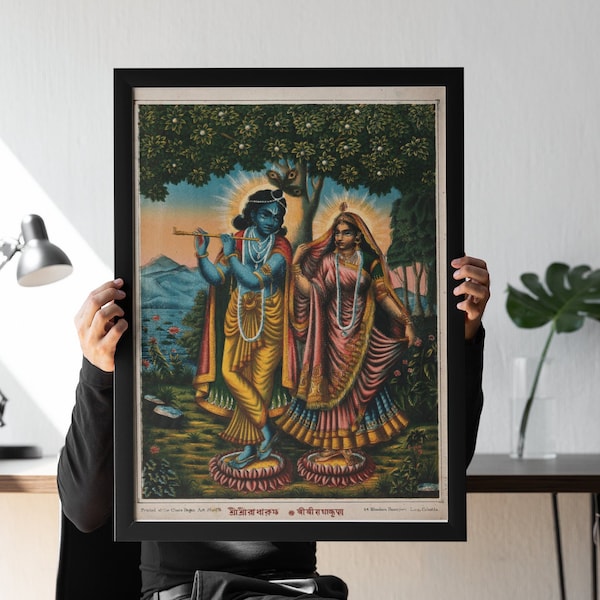 Radha and Krishna Lotus Art Print - Chromolithograph of Divine Couple - Spiritual Decor for Home or Office - Hindu Religious Wall Art