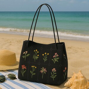 Kord bestickte schwarze Einkaufstasche, ästhetische Umhängetasche aus Leinen für Frauen, Boho-Tasche, wiederverwendbare Öko-Einkaufstasche, Geschenk für Sie