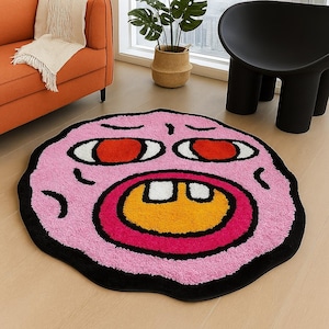 Alfombra de mechones Cherry Bomb: alfombra rosa kawaii hecha a mano con aguja de punzón, linda alfombra circular de dibujos animados, pequeña alfombra redonda para dormitorio, decoración estética de habitación.