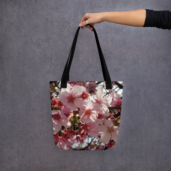 Japanese Cherry Blossom Tote Bag, Pink Sakura Book Bag, Pink