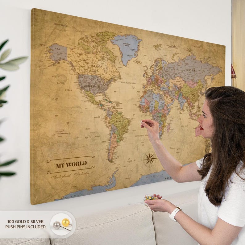 My World Travel Map Push Pin II Wall Art - Horizontal Framed Canvas ...