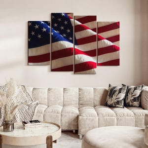 Rippled American Flag Wall Art - Horizontal 4 Piece Canvas - Living Room Wall Decor - Flags Art