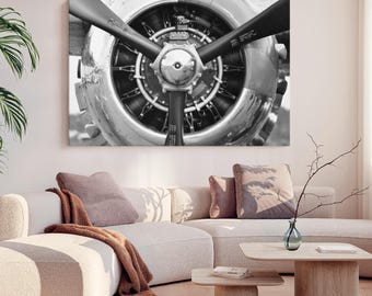 Airplane Propeller Wall Art - Horizontal Framed Canvas - Living Room Wall Decor - Transportation Art