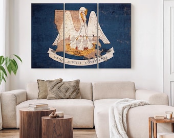 Louisiana Pelican Wall Art - Horizontal 3 Piece Canvas - Living Room Wall Decor - Flags Art