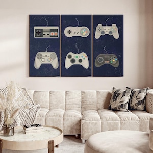 Video Game Controller Evolution Wall Art - Horizontal 3 Piece Canvas - Living Room Wall Decor - Pop Culture Art