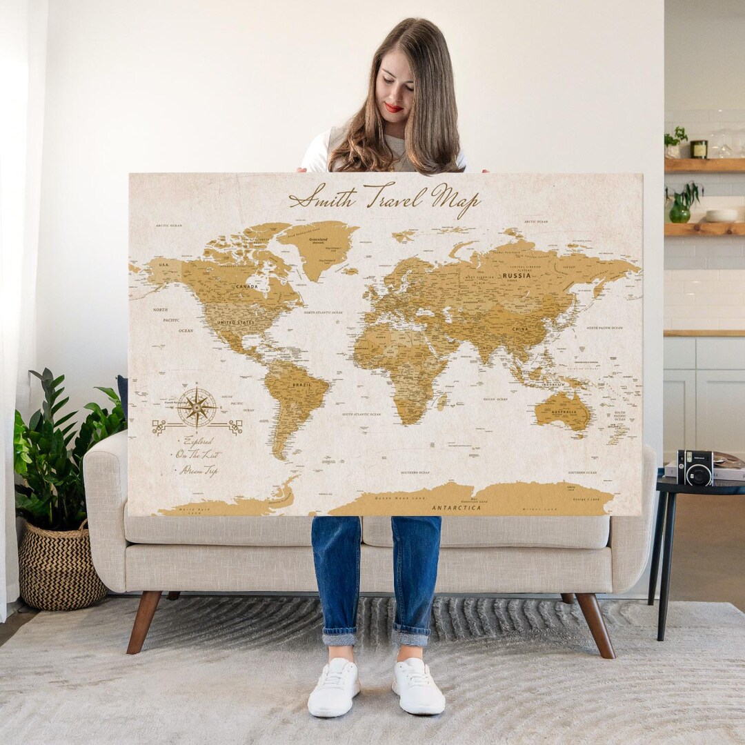 Personalized Travel Push Pin World Map - Horizontal Canvas - Living ...