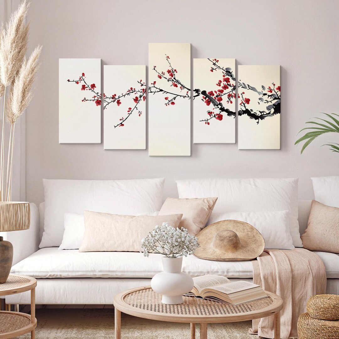 Red Japanese Blossoms Wall Art - Horizontal 5 Piece Canvas - Living ...