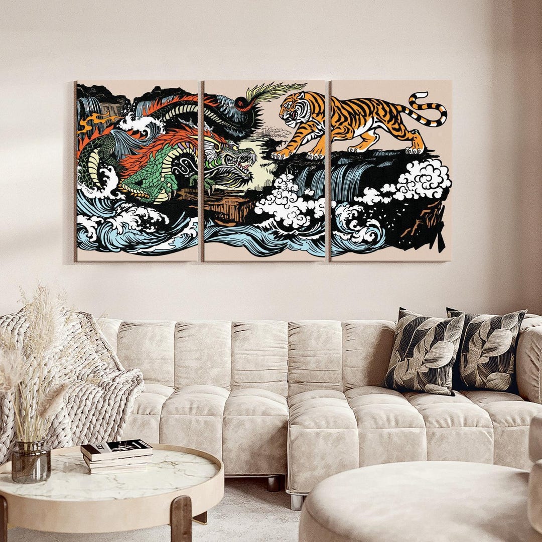 Oriental Dragon and Tiger Wall Art - Horizontal 3 Piece Canvas - Living ...