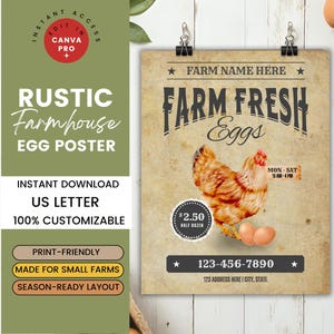 Farm Fresh Eggs For Sale Sign Printable | Rustic Farmhouse Egg Poster PDF | Chicken Coop Market Stall Sign | Editable Canva Template