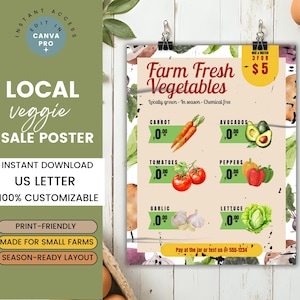 Seasonal Vegetables for Sale Flyer Printable | Rustic Farm Stand Sign | Editable Canva Template for Market Produce | Homestead Poster