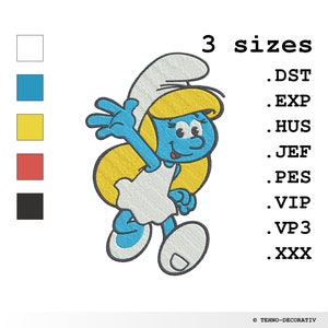 Padrão de design de máquina de bordar Smurfette, 3 tamanhos. 5 cores