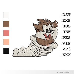 May include: A cartoon Tasmanian devil in a brown and white tornado. The devil is smiling and has a tongue sticking out. The tornado is made of swirling white clouds.