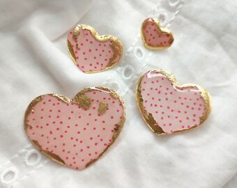 Heart Pin with Polka Dots in Resin and Gold Leaf for Women