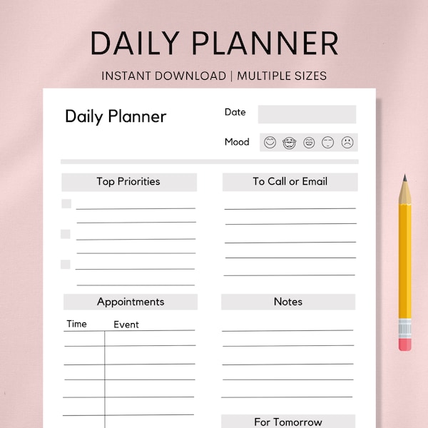 Daily planner template, organization tool, instant download printable, multiple print sizes, daily tasks tracker, water intake tracker