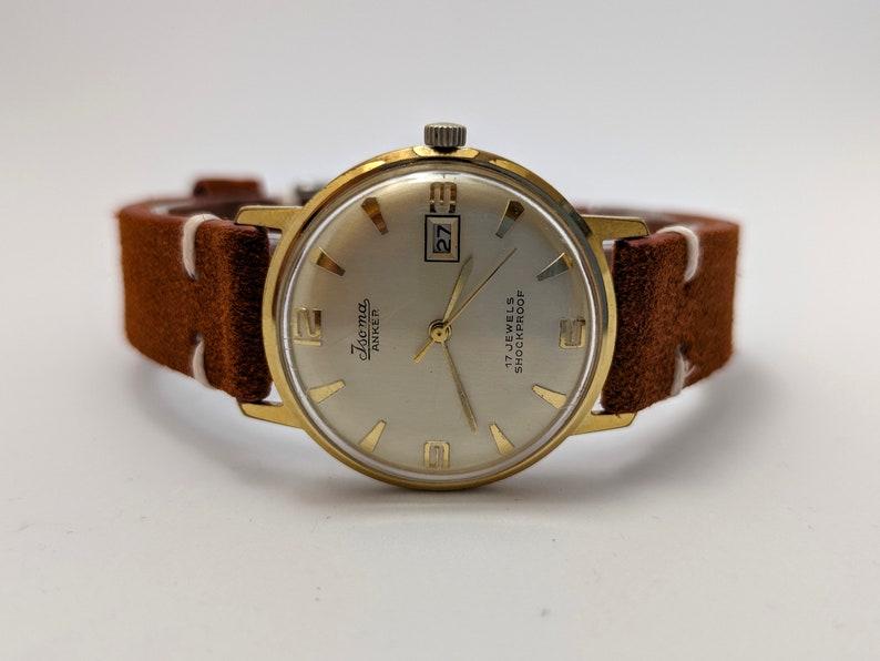 Vintage Isoma Watch Datumvenster Jaren 60 Mechanisch handopwindbaar uurwerk Herenmode en sieraden Ouderwets stuk Verguld afbeelding 8