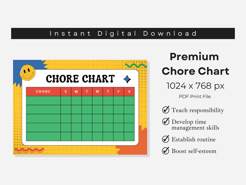 Smiley Face Chore Chart Printable Chore Template, Weekly Chores, Daily ...