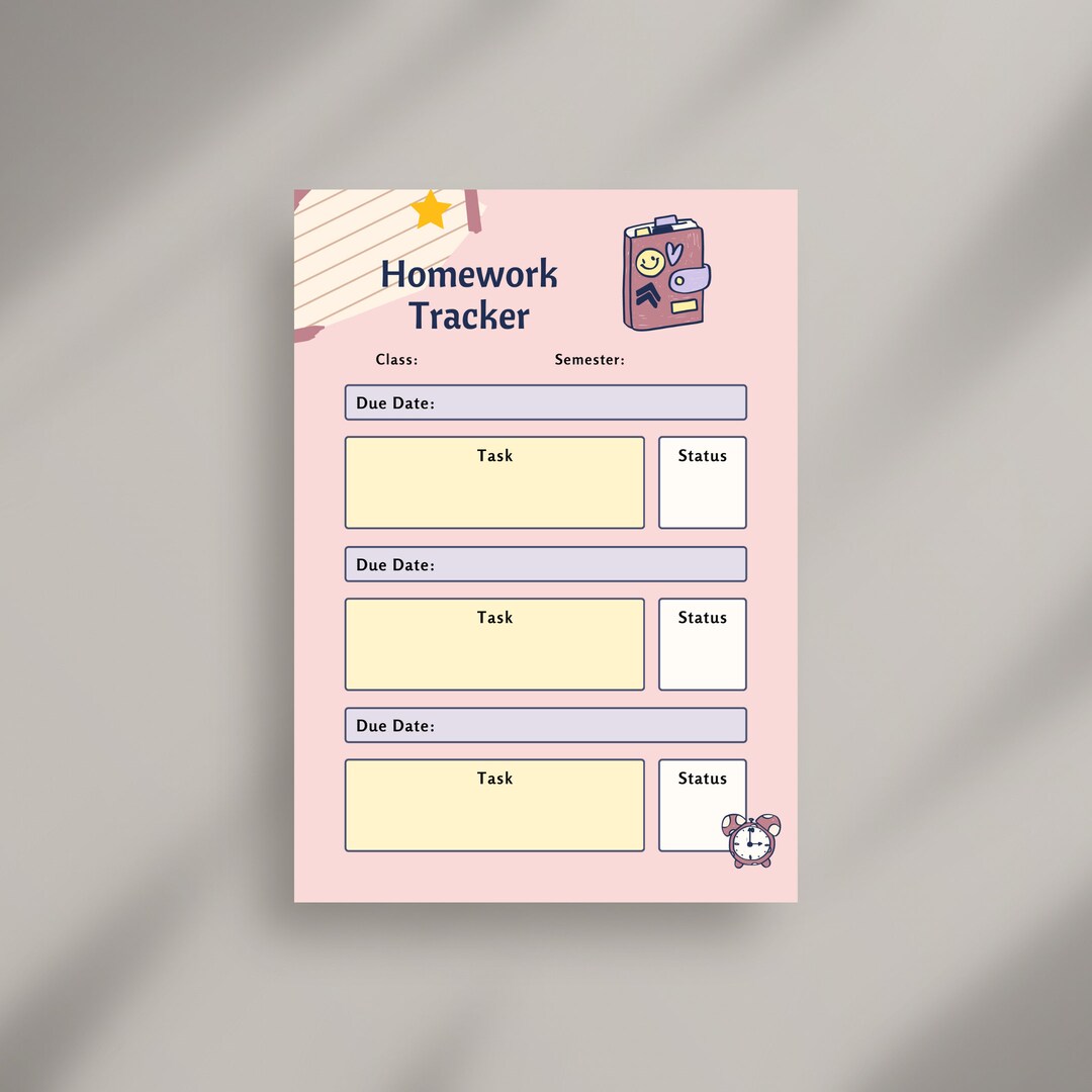 Pink Homework Tracker Printable Digital Download File - Etsy