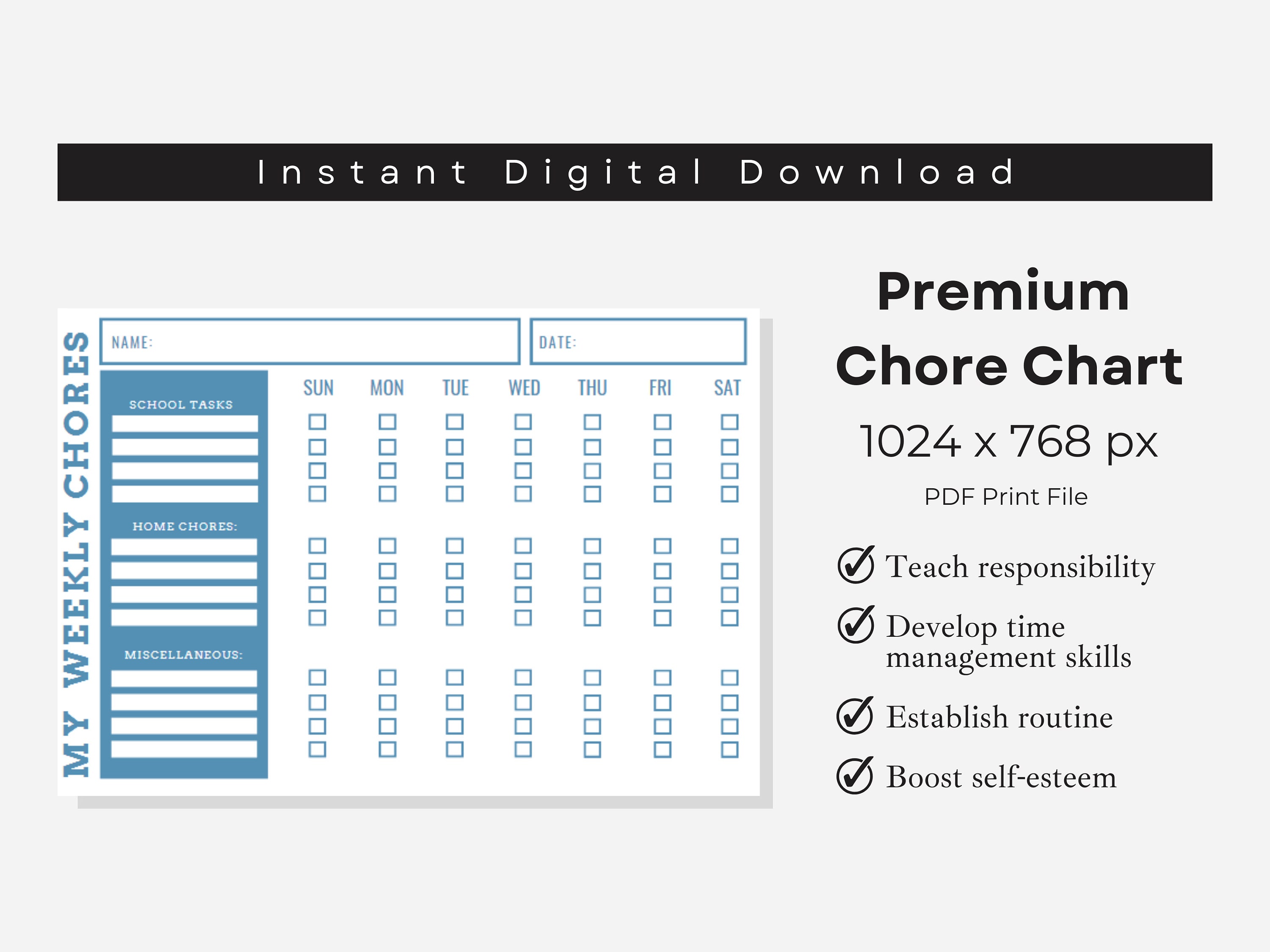 Weekly Chore Chart Printable Chore Chart, Daily Task Chart, Weekly ...