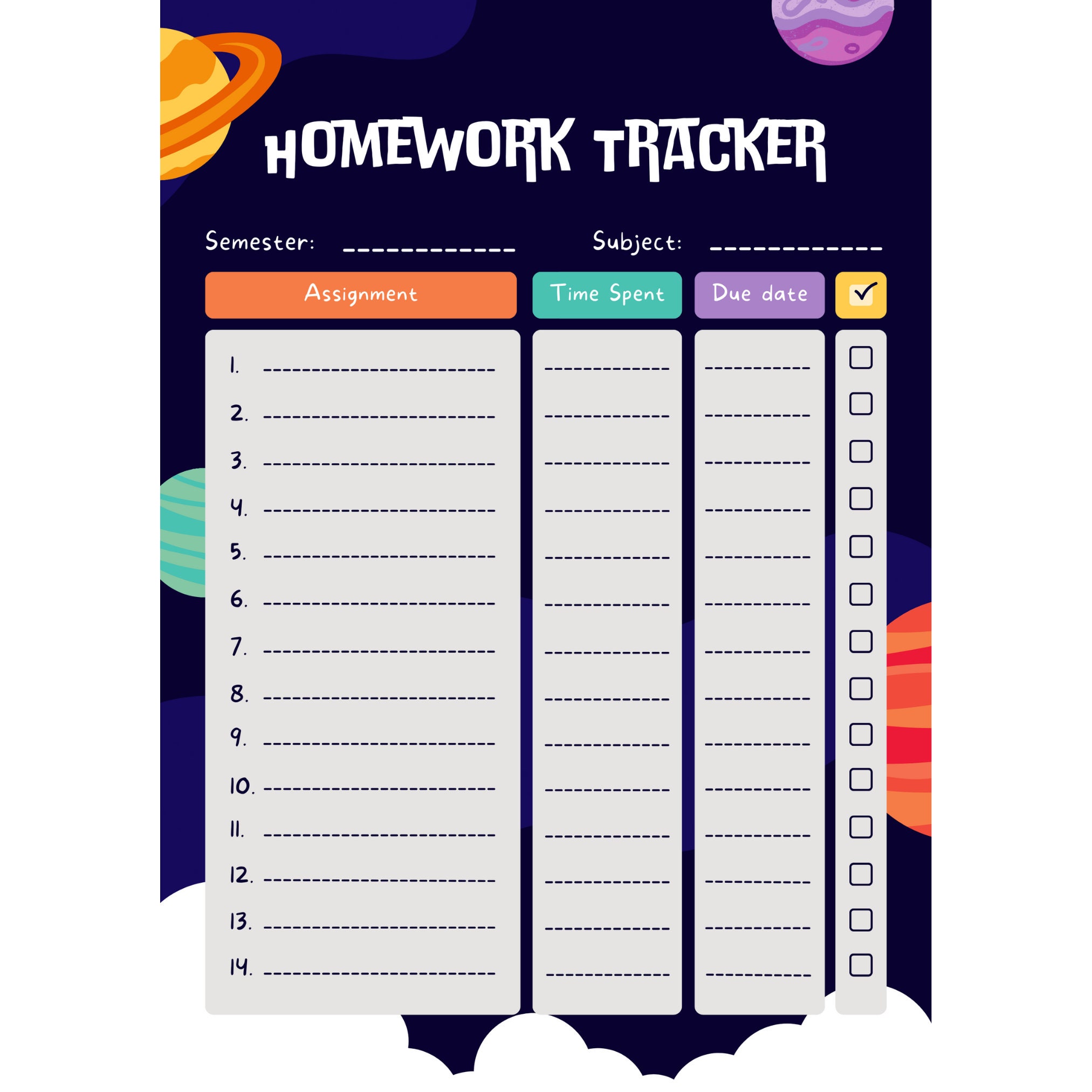 Space-themed Homework Tracker Printable Digital Download - Etsy