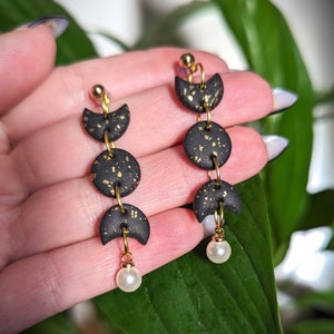 Moon Phase Dangles | Witchy Goddess Earrings | Triple Moon Charm | Gothic Jewellery | Pearl Drops | Gift for Goth | Goth Wedding