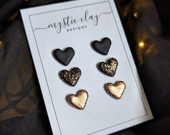 Gothic Black Rose Gold Stud Pack, Goth Earrings, Mini Heart Studs, Alternative Jewellery, 3 Pack Studs, Love Heart Alt Studs