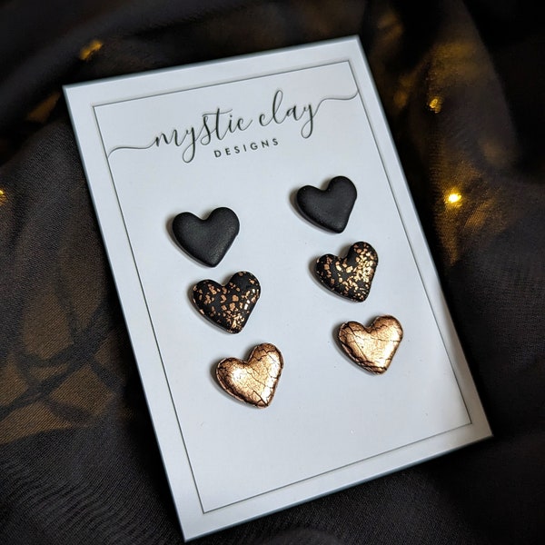 Gothic Black Rose Gold Stud Pack, Goth Earrings, Mini Heart Studs, Alternative Jewellery, 3 Pack Studs, Love Heart Alt Studs