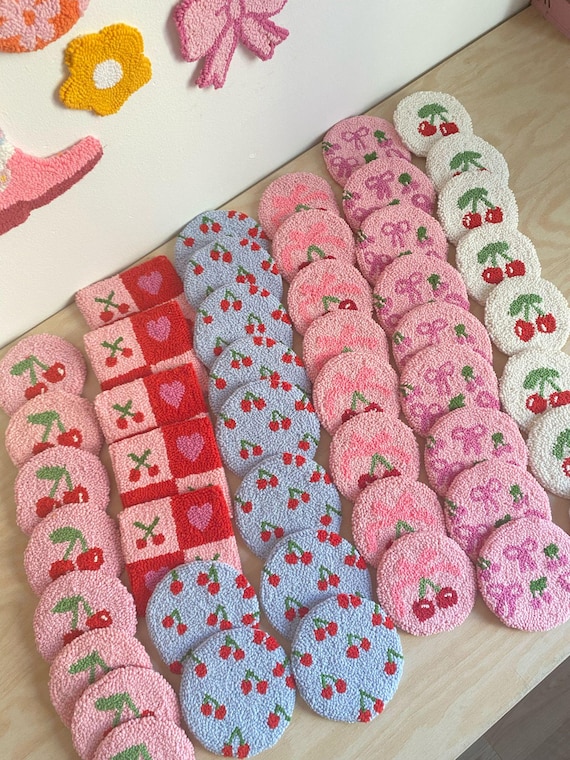 Handmade Punch Needle Coasters: Cherry Mug Rug, New Home Gift