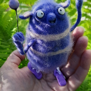 Needle felted cute monster. Wool funny monster. Funny fantasy creature. Needle felted animals. Needle felted fantasy. Felt fairy monster.