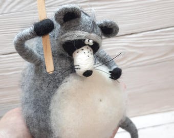 Needle Felted Raccoon, Wool felt raccoon, Funny  needle felt raccoon, Raccoon in shoes Animal gift
